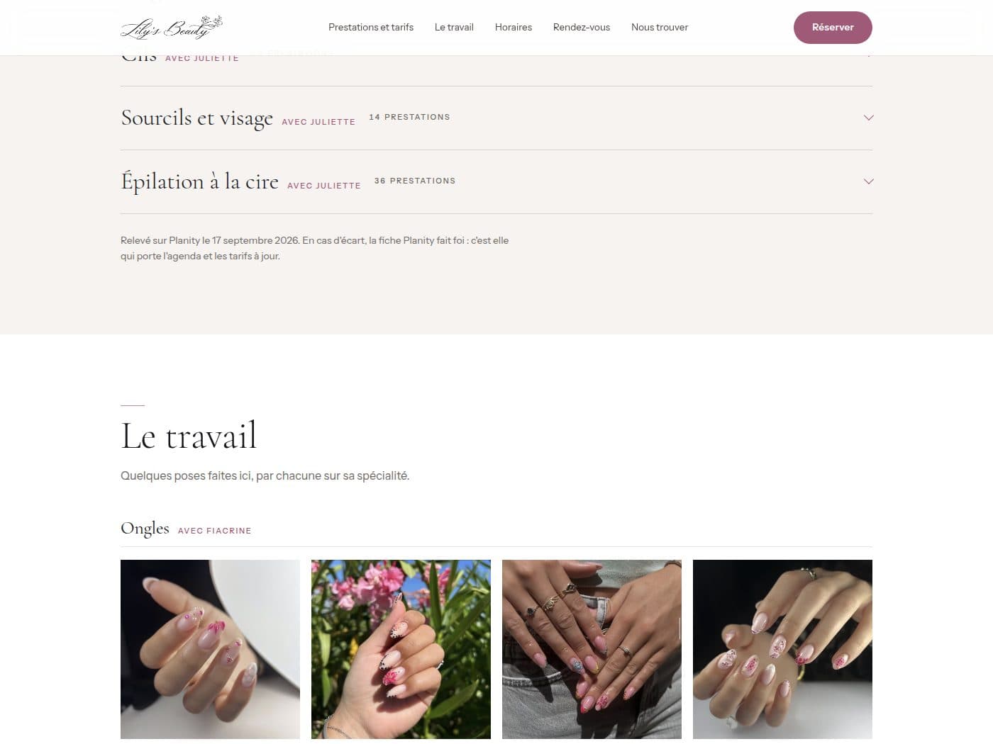 Autre page du site de Lily's Beauty